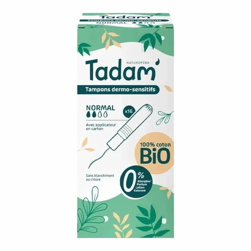 Tampons Bio Applicateur Tadam Dermo-Sensitifs Coton GOTS – Normal 16 unités